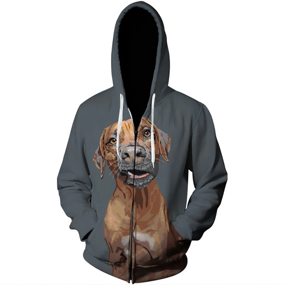 

2023 New Men's Handsome and Minimalist Dog Print 3D Zippered Hoodie Sweater Casual Versatile Retro Animal Pattern Hoodie