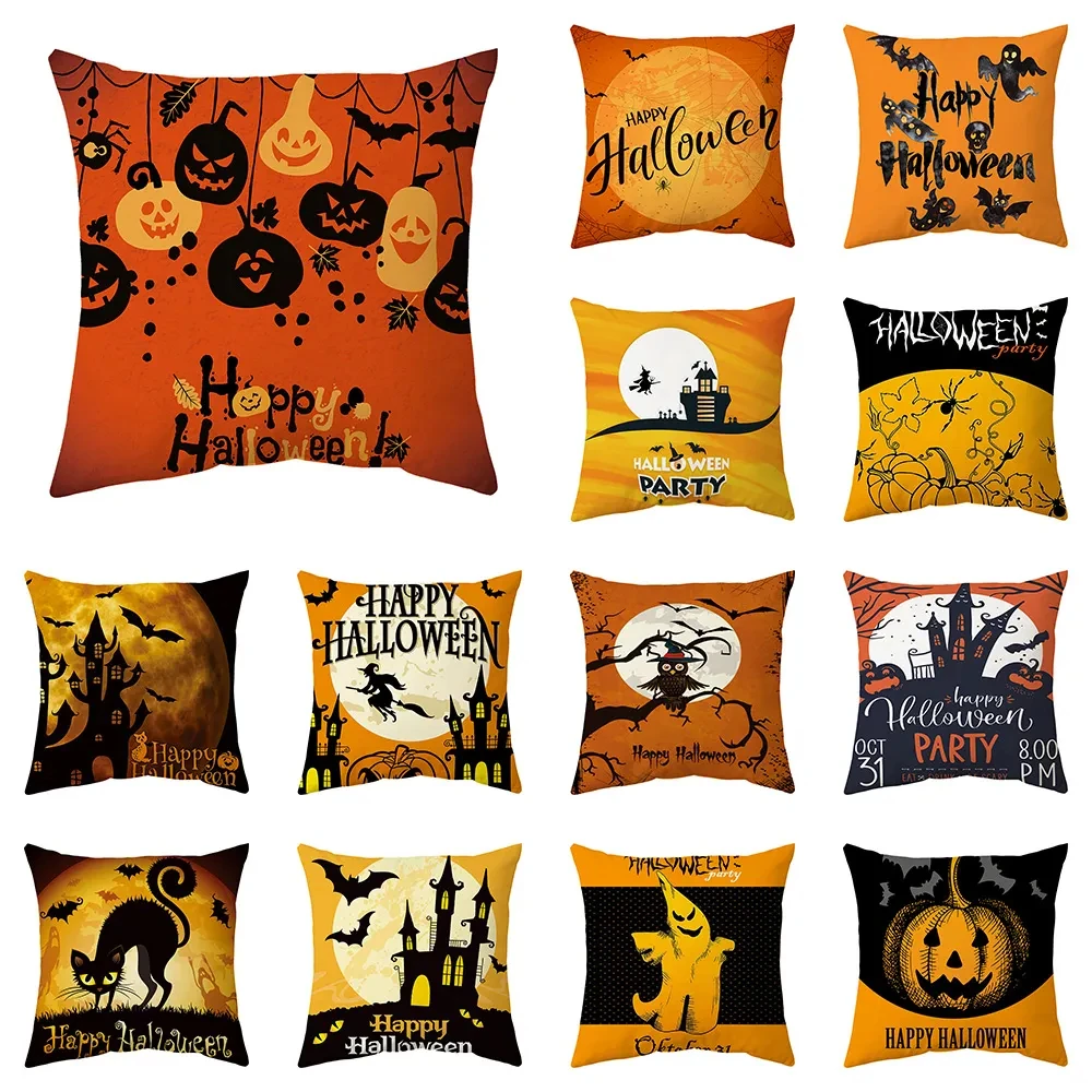 

Halloween Horror Covers Sofa Decor Printed Pumpkin Witch Couchion Covers Bat Castle Cat Pillow Case Holiday Party Supplies F1794