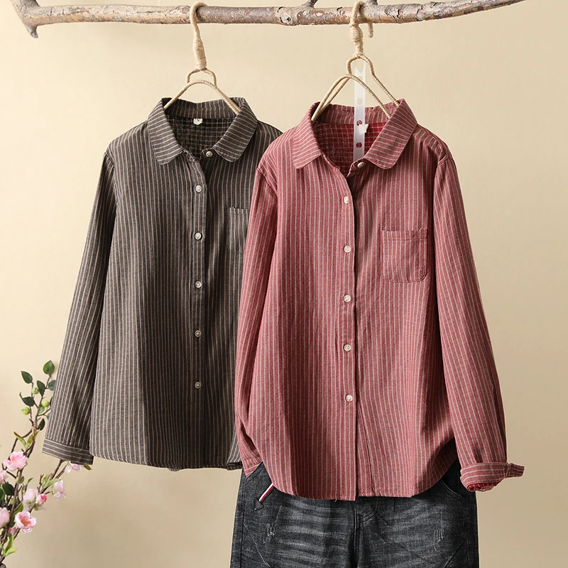 2023 Spring New Women Cotton Shirt Fashion Casual Loose Striped Blouse Vintage Ladies Tops Outerwear Exquisite Female Clothes
2023 Spring New Women Cotton Shirt Fashion Casual Loose Striped Blouse Vintage Ladies Tops Outerwear Exquisite Female Clothes