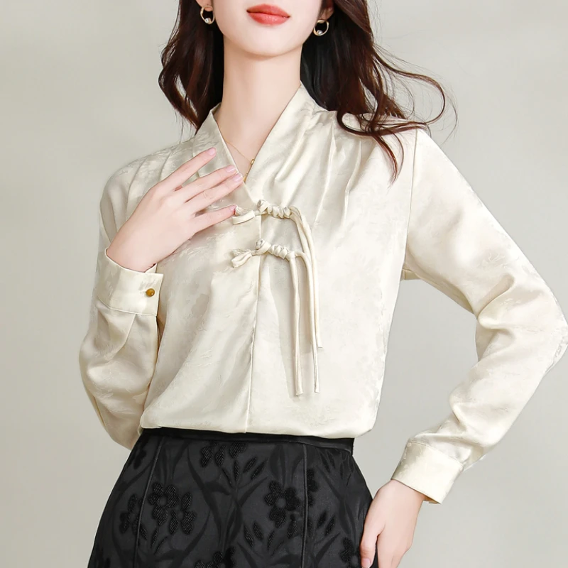 

Женская атласная рубашка в китайском стиле, шелковые винтажные блузки, одежда с цветочным принтом, свободные весенне-летние женские Топы с длинным рукавом YCMYUNYAN