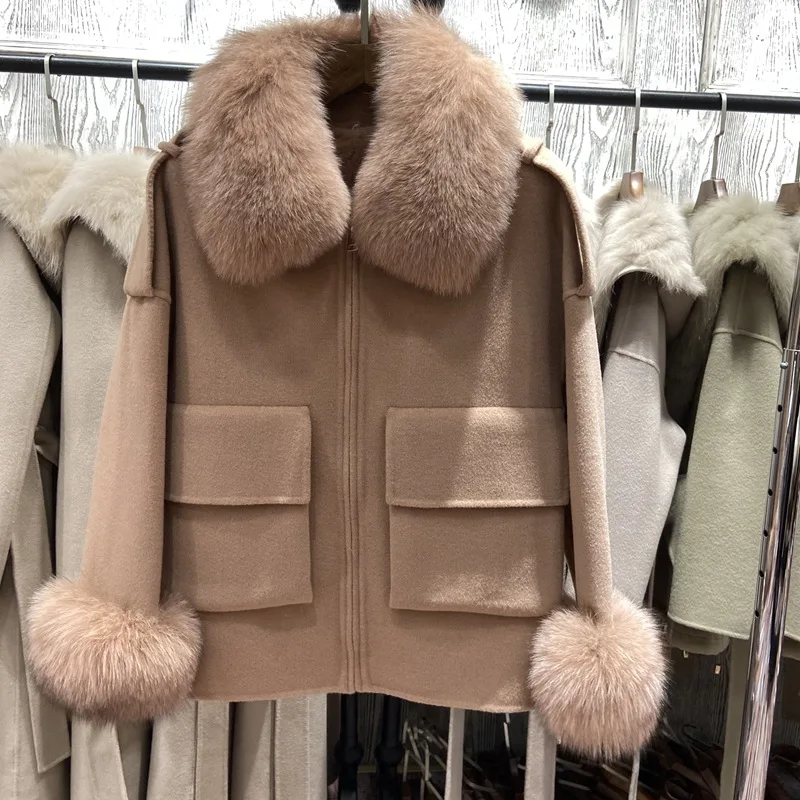 

2024 European Style Winter Thicker Warm Real Rex Rabbit Liner Wool Coat For Women Eleagnt Natural Fox Fur Collar Fur Jacket