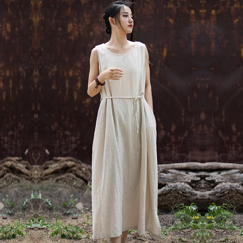 

Sleeveless Dress Long-Length Literature and Art Retro Spring Summer Cotton and Linen Loose Thin National Style