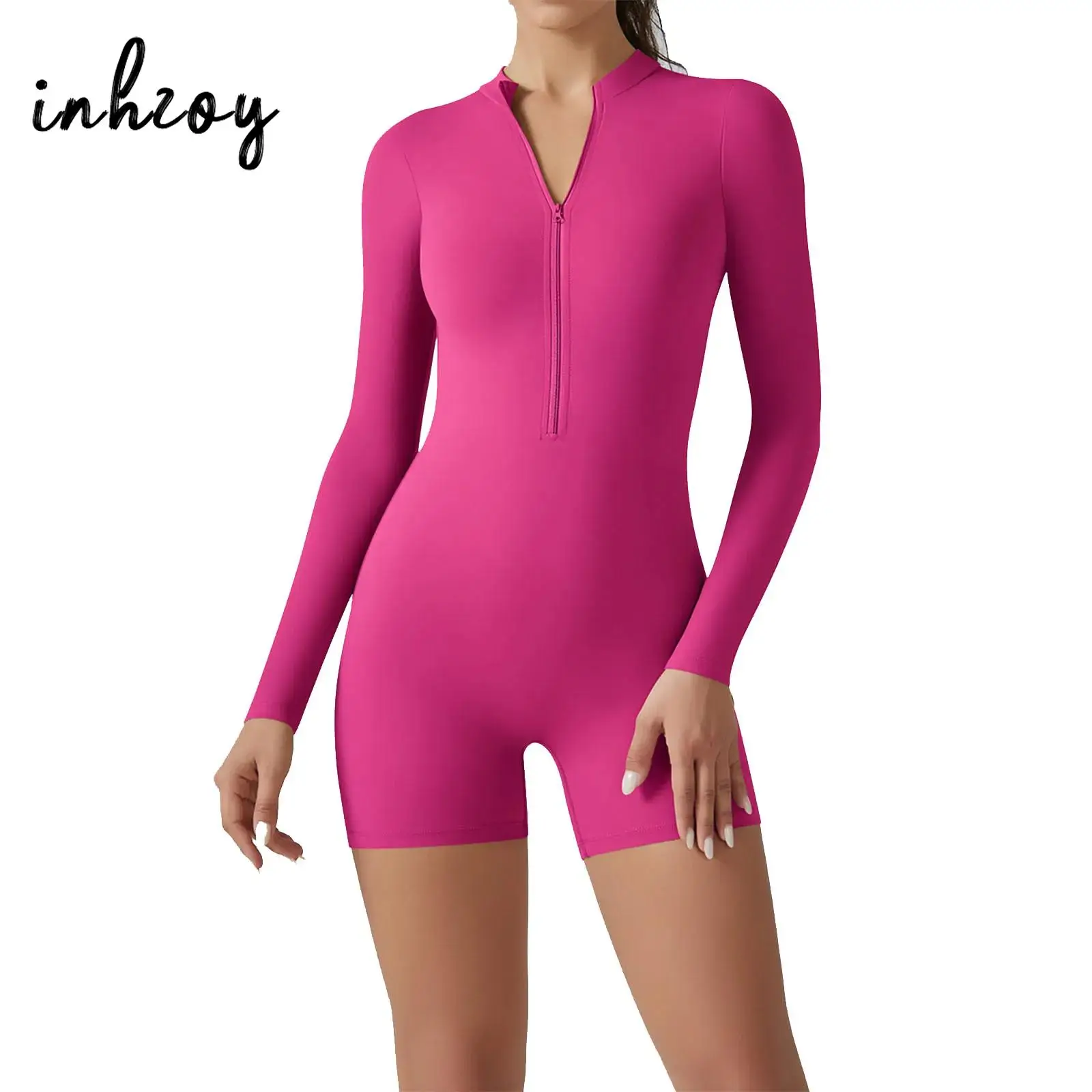 

Womens Boyleg One Piece Rash Guard Swimsuit UPF 50+ Long Sleeve Zipper Surfing Athletic Swimwear Short Jumpsuit Workout Unitard