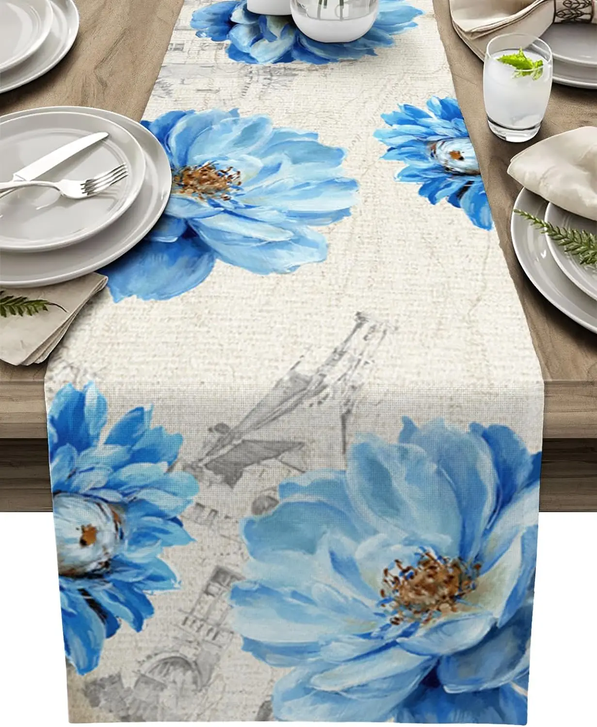 

Spring Summer Blue Peony Watercolor Floral Linen Table Runners Dresser Scarf Table Deocr Kitchen Home Dining Holiday Party Decor