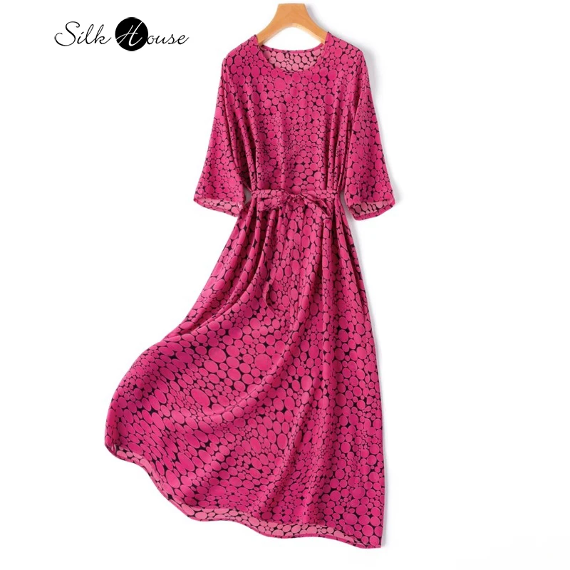 

"Peach Blossom"Good Fabric 100%Natural Mulberry Silk Crepe De Chine Round Neck Three-quarter Sleeve Loose Straight Women's Dress