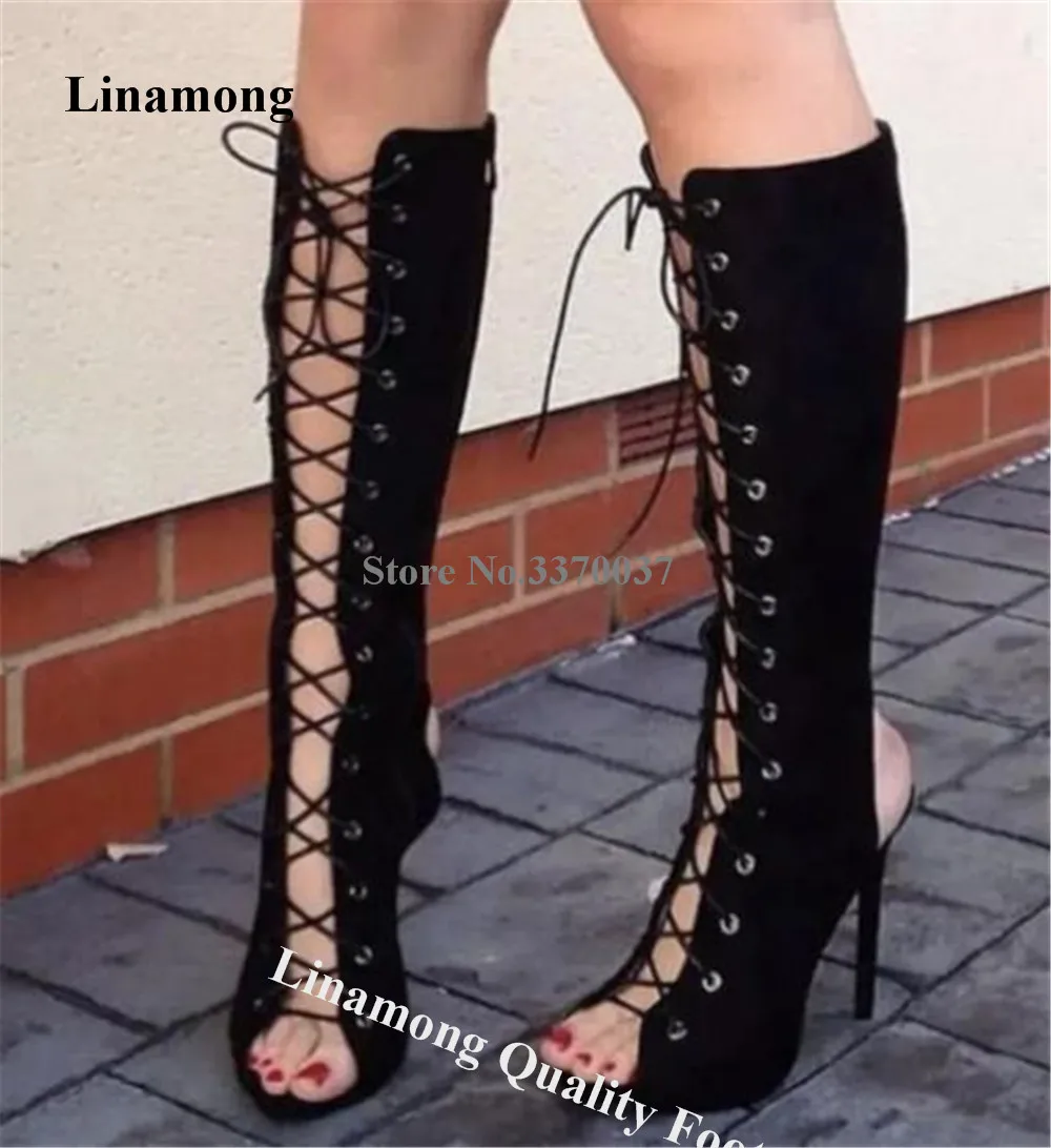 

Linamong Lace-up Stiletto Heel Knee High Gladiator Boots Peep Toe Black Green Beige Suede Cut-out Thin Heel Long Boots Big Size