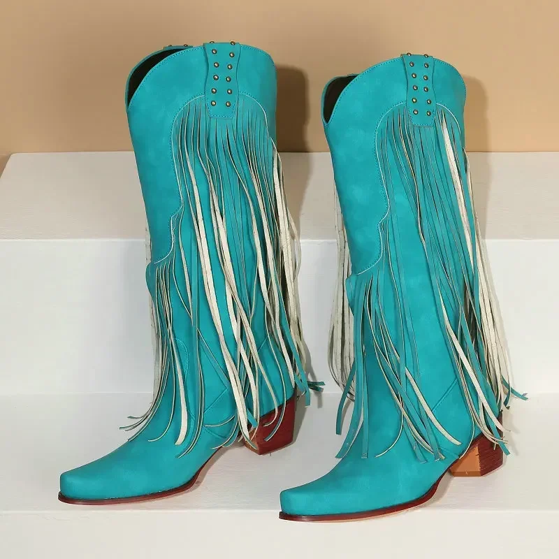 

Curved Toe Green Blue Mid-calf Western Botines Shoes With Fringes American Cowboy Chunky Heels Winter Boots For Wide Calf Leg