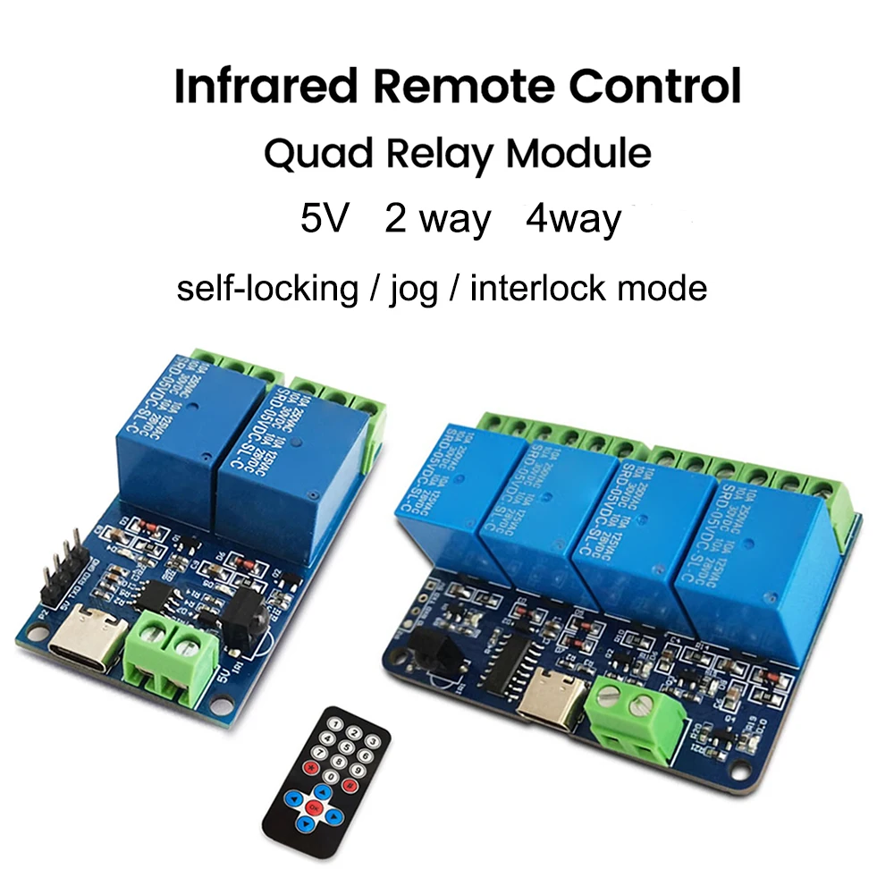 DC5V 2-way/4-way Infrared Wireless Remote Control Relay Module Type-C supports TTL infrared control self-locking/jog/interlock
DC5V 2-way/4-way Infrared Wireless Remote Control Relay Module Type-C supports TTL infrared control self-locking/jog/interlock
