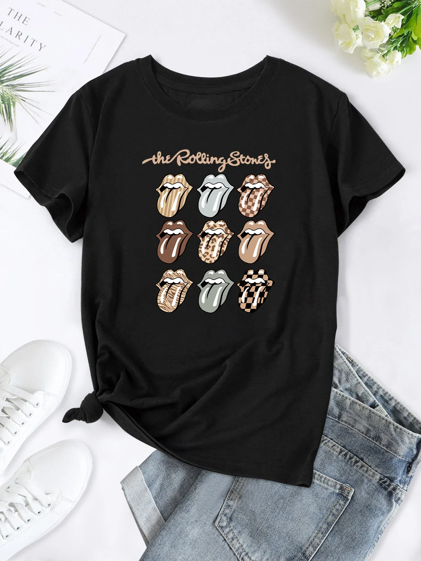 

Plus Size 'The rolling stones' Tee,Print Crew Neck T-shirt,Women's Casual Loose Short Sleeve Fashion Summer T-Shirts Tops