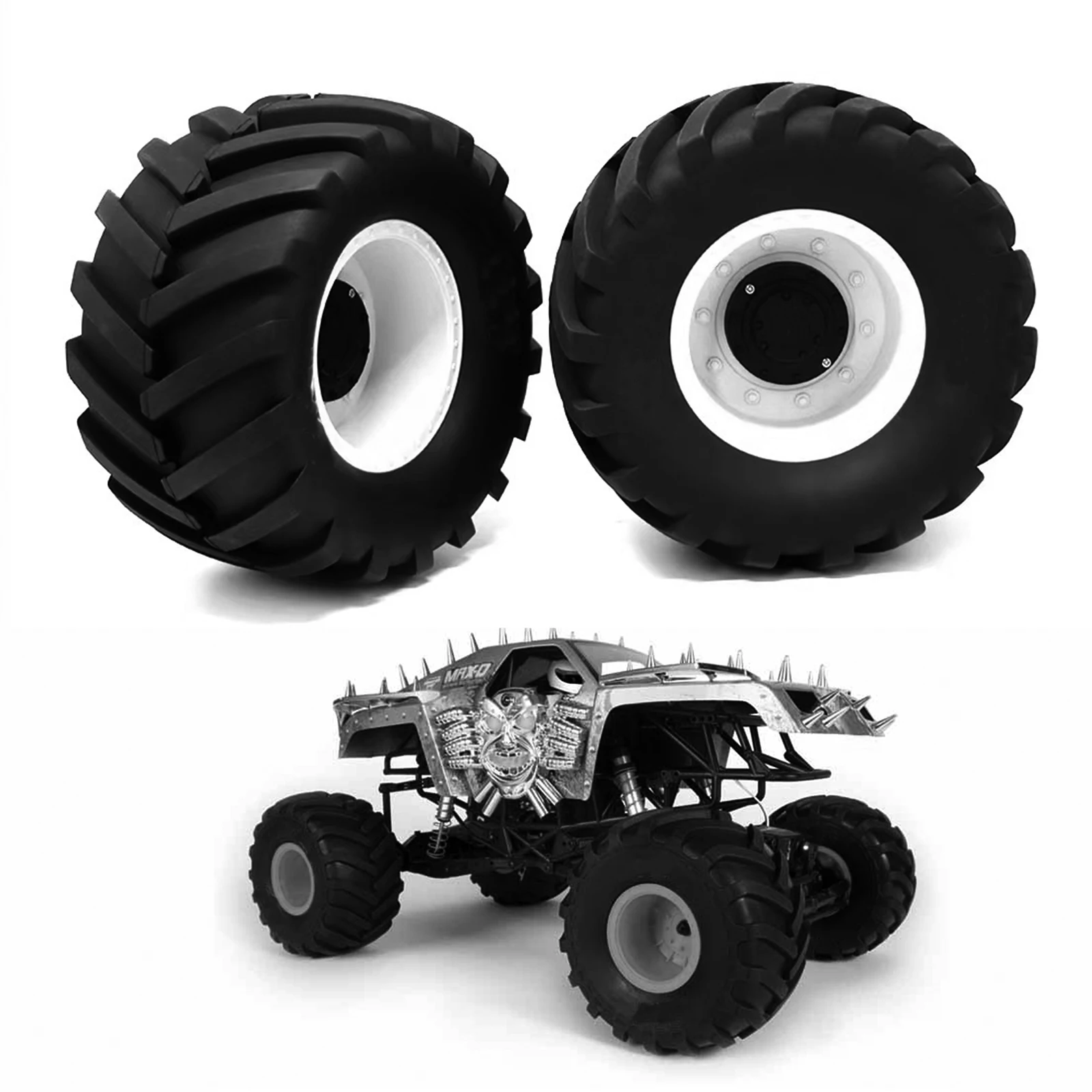 

RS 2PCS 1/8 Scale RC Monster Truck Rubber Tire w/17mm Hex Plastic Wheel Rim 173mm/91mm Rubber Rocks Tyres Set Fit for Traxxas