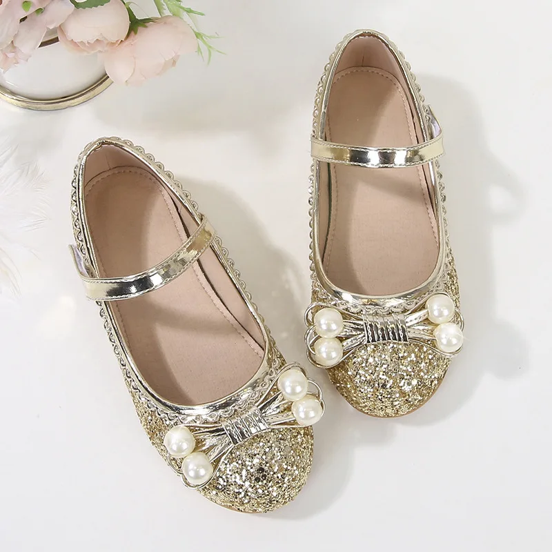 

Children Fashion Girls Casual Shoes Sequined Pearls 2023 Cute New Kids Versatile Soft Mary Janes for Party Wedding Show Non-slip