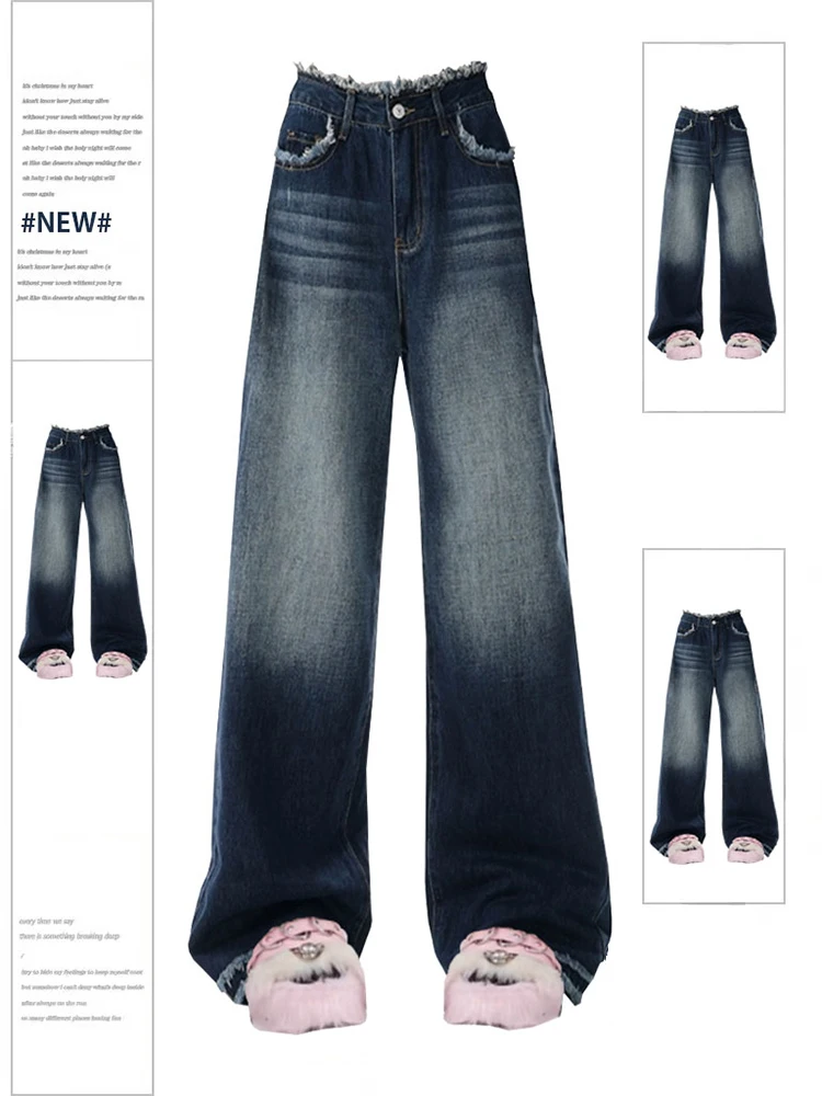 

Women Blue Baggy Jeans Vintage Y2k Cowboy Pants Harajuku Streetwear Aesthetic Denim Trousers Trashy Japanese 2000s Style Clothes