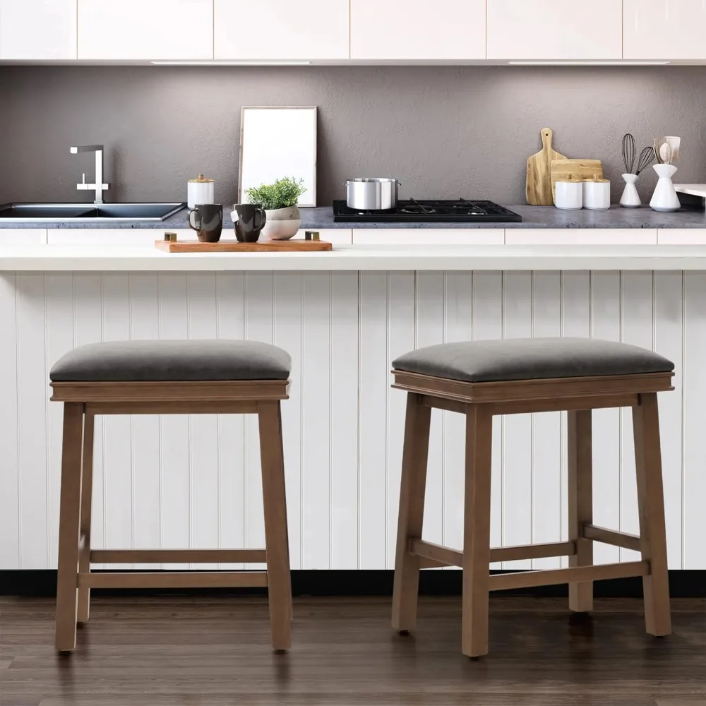 

Grey Solid Wood Bar Stools Set of 2 for Kitchen Counter Counter Height Classic Barstools Faux Leather Farmhouse Upholstered