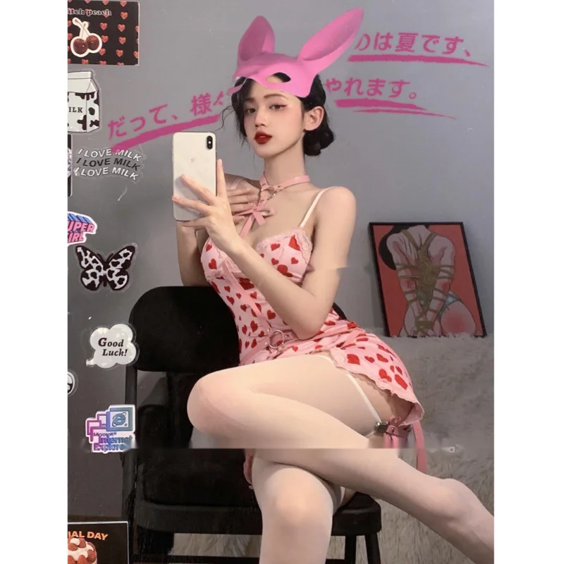 Girl Hot Sweet Tight Style Contrast Color Love Print V-neck Suspender Uniform Temptation Split Lace Package Hip Dress BFY6
Girl Hot Sweet Tight Style Contrast Color Love Print V-neck Suspender Uniform Temptation Split Lace Package Hip Dress BFY6