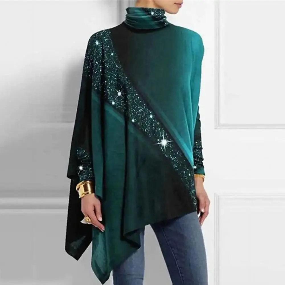 

Women Spring Fall Top High Collar Long Sleeve Irregular Hem Sequin Colorblock Mid Length Pullover Lady Commute Blouse