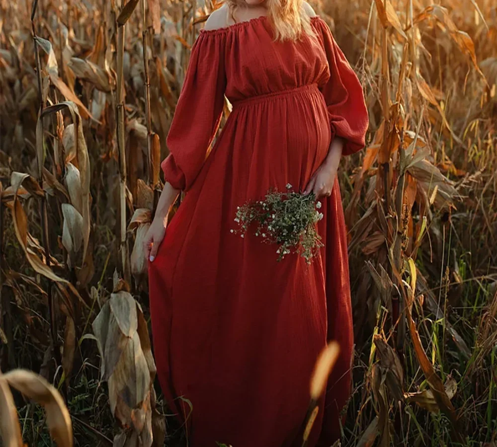 

Maternity Photo Shoot Long Dresses Rust Cotton Slash Neck Pregnancy Dresses for Photography