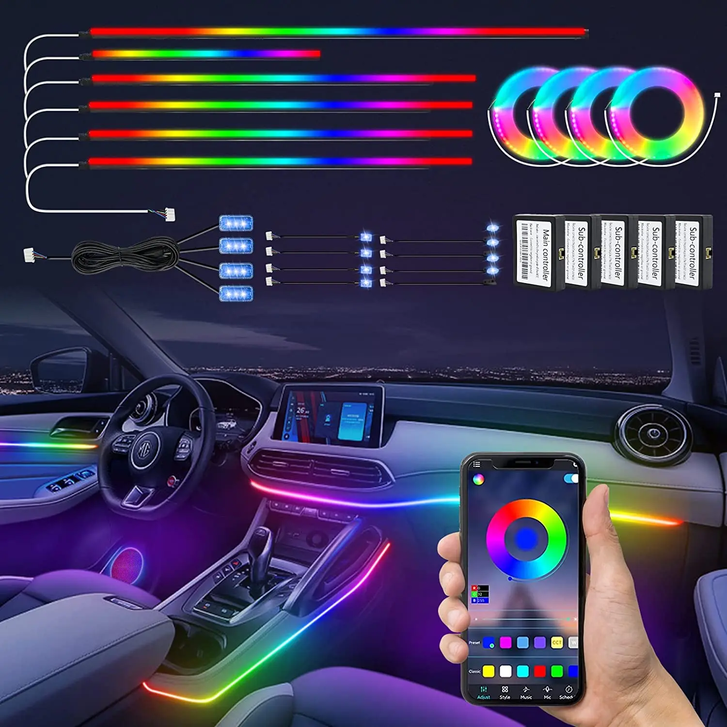 

22 in 1 RGB Dreamcolor Acrylic Interior Car LED Strip Light with Wireless APP Fiber Optic Ambient Lighting Kits Neon Dual Zone