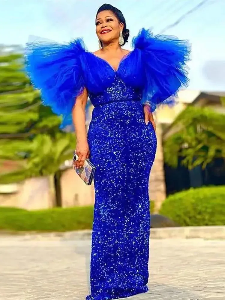 

Royal Blue Sequined Mermaid Prom Dresses Evening Dress With Puffy Sleeves Aso Ebi Cocktail Party Gowns Plus Size African Women