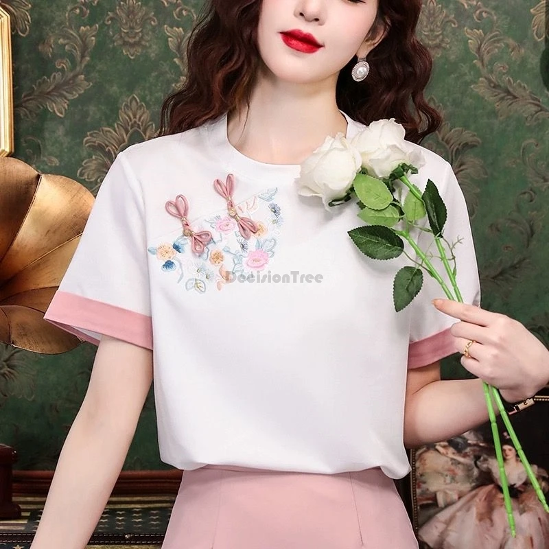 

2024 chinese temperament vintage pure cotton top round neck diagonal buckle improved tang suit top daily embroidery loose blouse