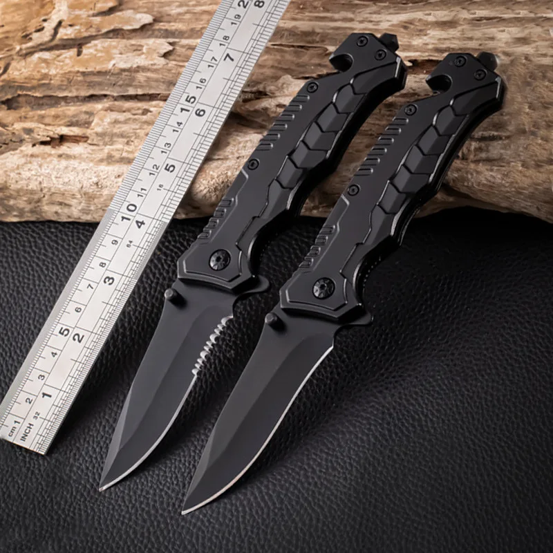 

Serrated Blade Pocket Knife Black Folding Knife with Glass Breaker and Seatbelt Cutter Sharp Camping Survival Hiking Knives