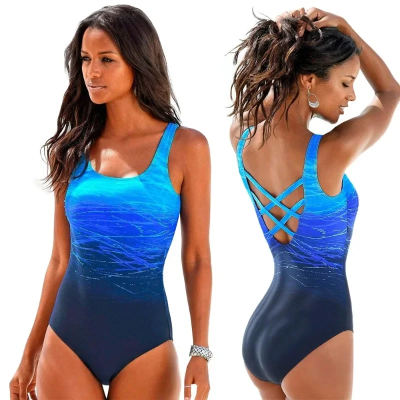 

Push Up Swimwear Criss Cross Back One-piece Beach Bathing Suit Gradient Print Plavky Sexy One Piece Women Swimsuit