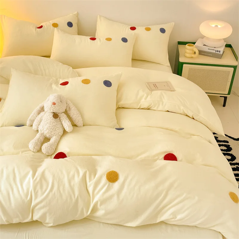 

Ins Washed Cotton Towel Embroidery Four- Bedding Embroided Bed Sheet Quilt Cover Cute Cartoon Dorm Three-Piece Set