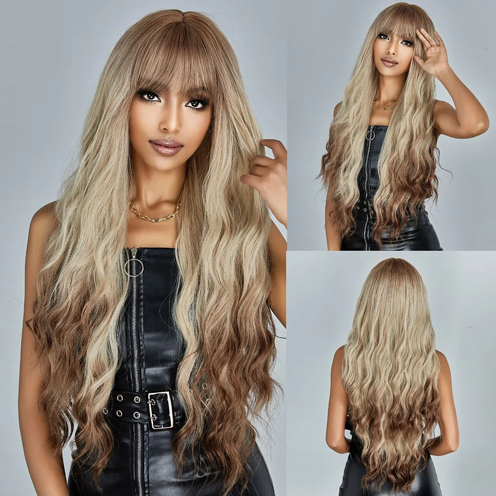 

Wig set with European and American style, new wig with straight bangs, white gold gradient color, large waves, natural long curl