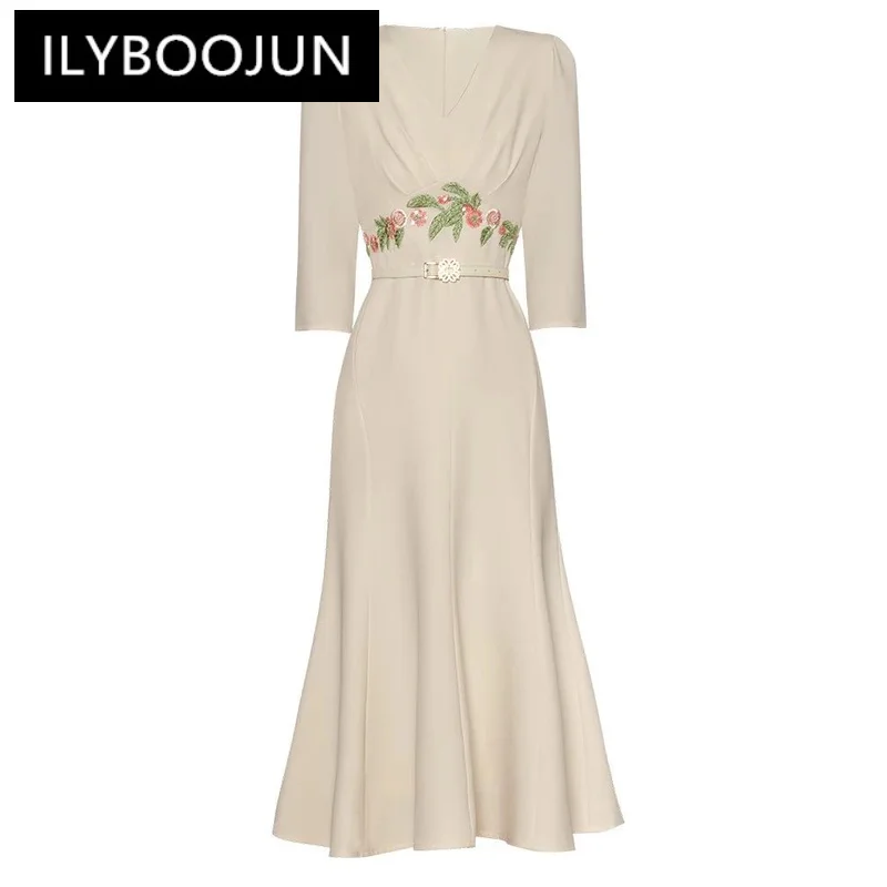 

Модное дизайнерское весеннее платье ILYBOOJUN, женское элегантное платье с V-образным вырезом, рукавом три четверти, вышивкой бисером и поясом