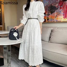 Koamissa New Spring Vintage Dress Woman White Lace Single-breasted Maxi Dresses Puff Long Sleeve Elegant Party Dress with Belt 
Koamissa New Spring Vintage Dress Woman White Lace Single-breasted Maxi Dresses Puff Long Sleeve Elegant Party Dress with Belt