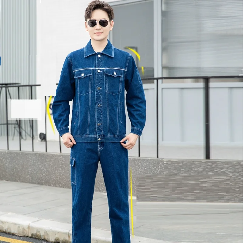 

Stretch Denim Work Coverall Welding Suit Men's Wear-Resistant Pure Cotton Electric Anti-Scalding Flame-Retardant Welder Uniforms