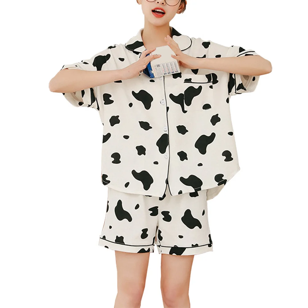 

Womens Cotton Nightgown Womens Pajama Set Two Piece Cow Print Short Sleeve Sleepwear Loungewear Button Down Tops Shorts Summer