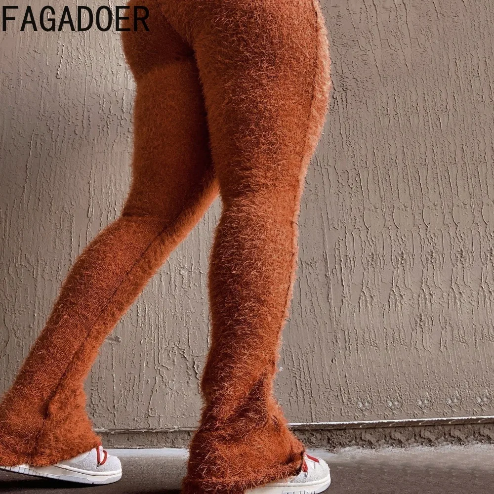 

FAGADOER Casual Solid Color Fur Knitting Flared Pants Women High Waisted Skinny Trousers Casual Female Matching Bottoms 2024 New