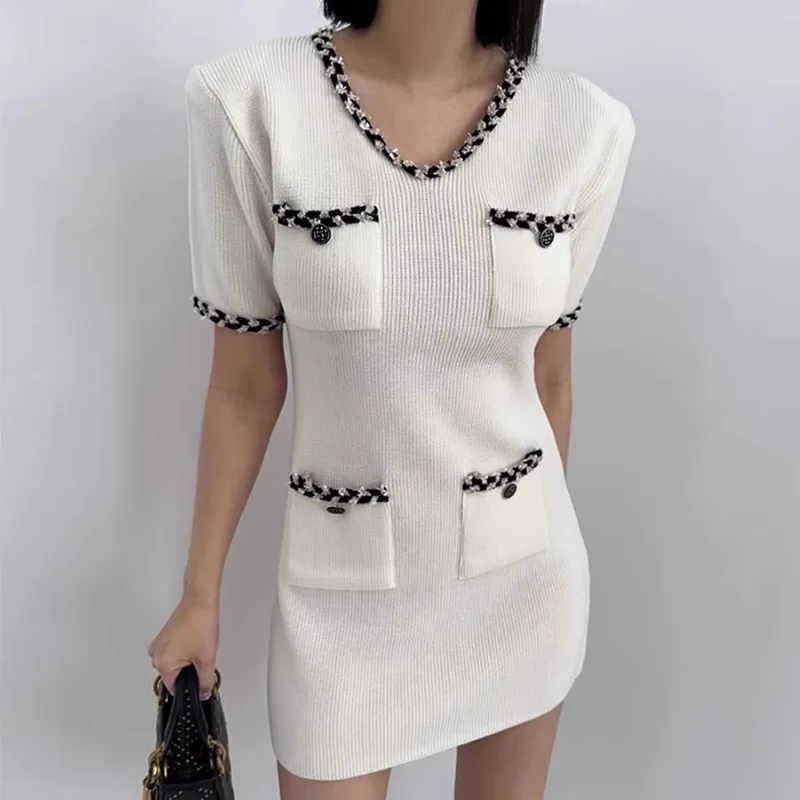 Korean Knit Bodycon Dress for Women Elegant Stylish Chic Ladies Mini Pencil Dresses Short Sleeve V-neck Vestidos Mujer Summer
Korean Knit Bodycon Dress for Women Elegant Stylish Chic Ladies Mini Pencil Dresses Short Sleeve V-neck Vestidos Mujer Summer