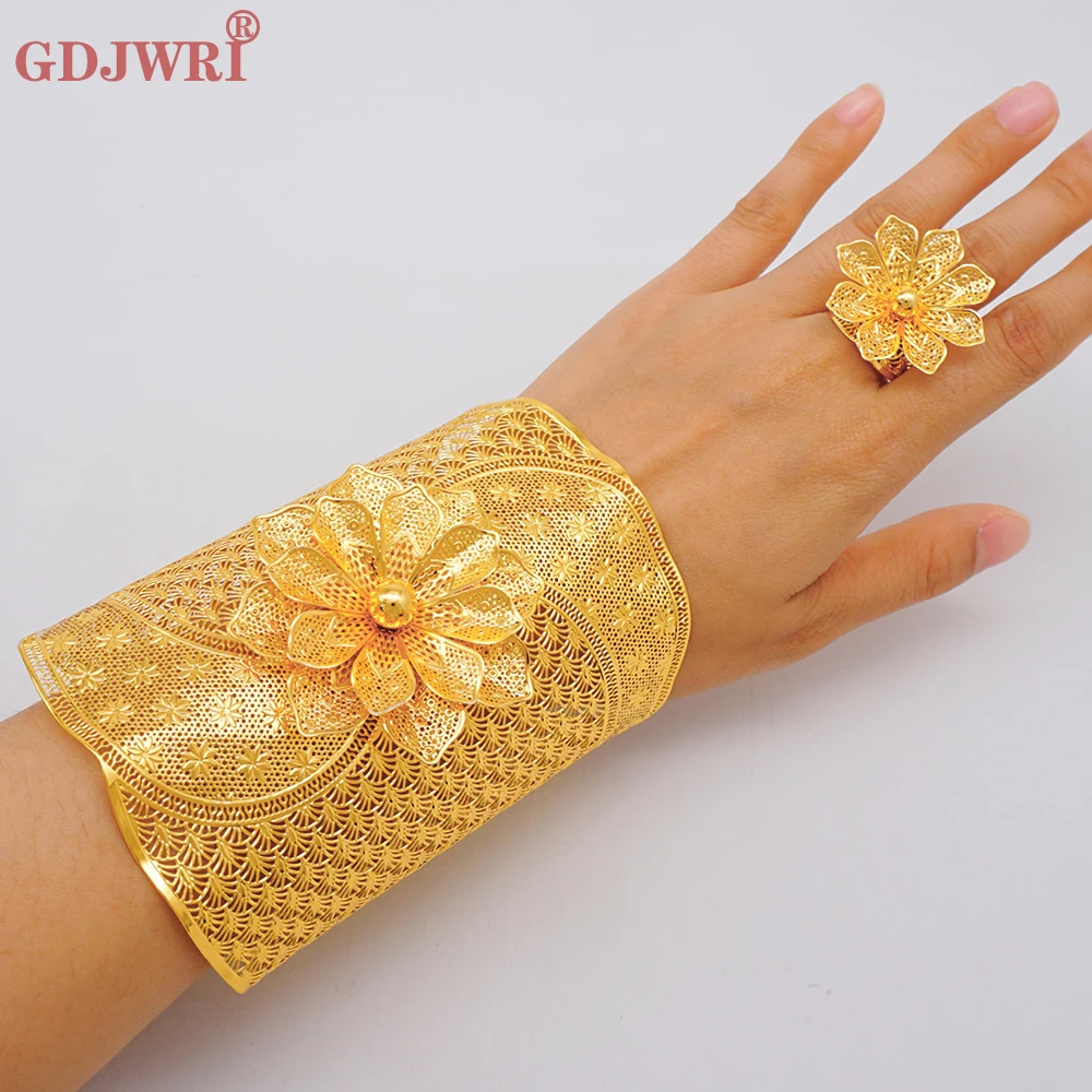

Dubai Gold Color Chain Cuff Bangle&Ring For Women Bracelet Indian Charm Moroccan Arabic France Wedding Jewelry Banquet Gifts