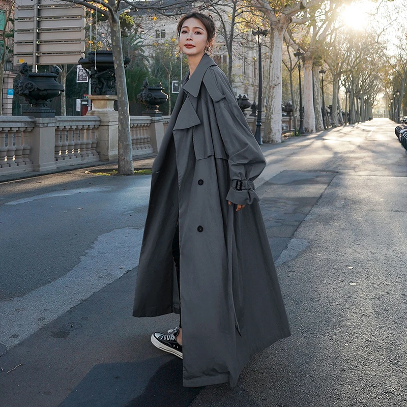 

Korean Style Loose Oversized X-Long Women's Trench Coat Double-Breasted Belted Lady Cloak Windbreaker Spring Fall Outerwear Grey