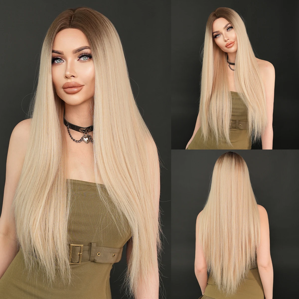 

NAMM Long Straight Blonde ﻿Wig For Women Dark Roots Daily Party Heat Resistant Synthetic Layered Hair Wigs With Mid Split Wig