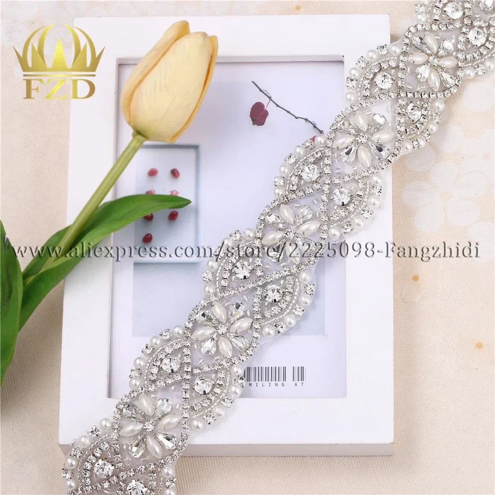 

(1piece) Handmade Beaded Hot Fix Sliver Clear Bling Sew On Bridal Rhinestone Crystal Pearl Wedding Applique DIY Belt Sash Garter