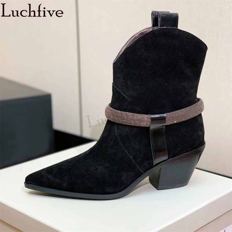 

2023 New Pointy toe Chelsea Boots Woman High Quality Real Suede Wedges heel Ankle Boots Comfortable Cowboy Knight Boots female