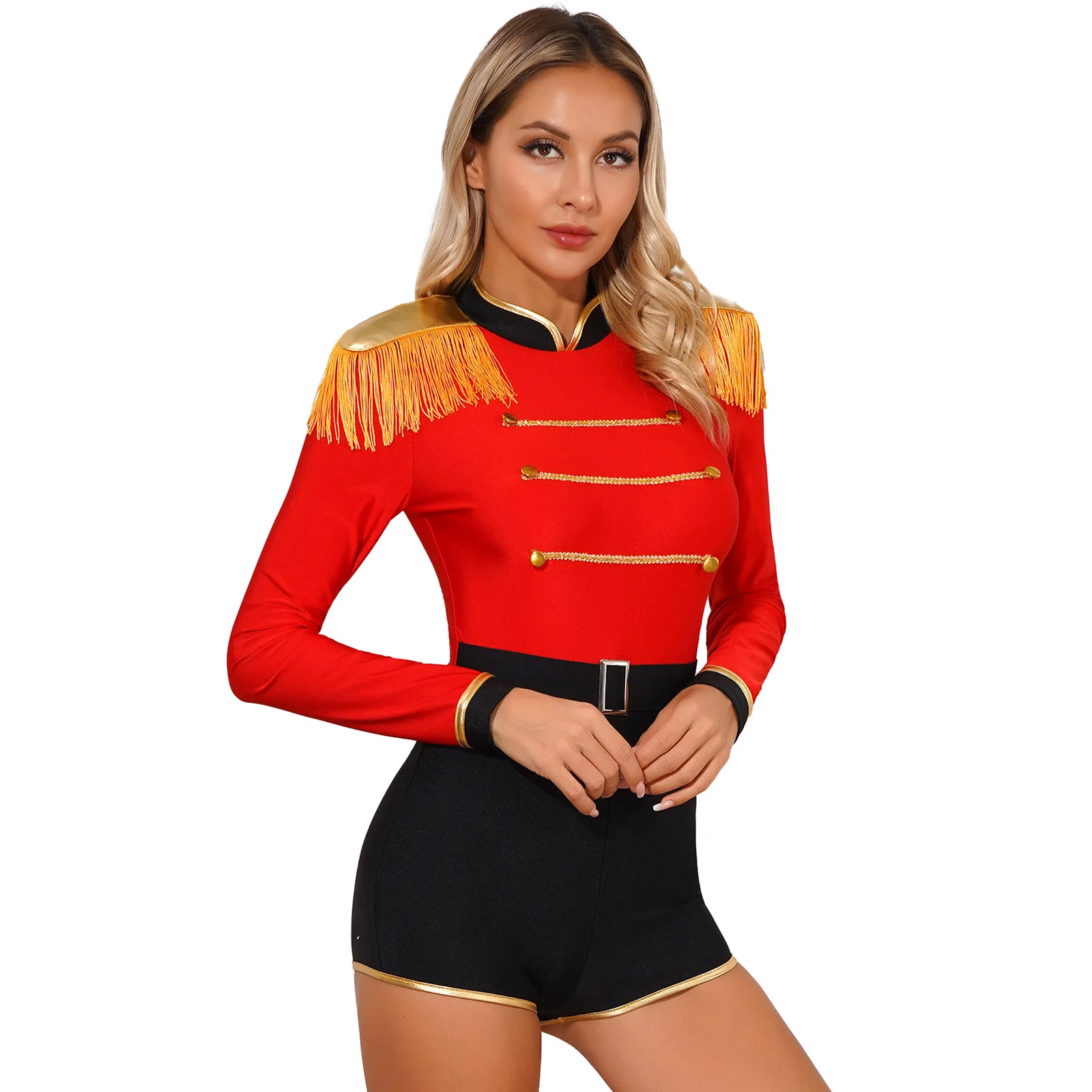 

Womens Halloween Circus Ringmaster Jumpsuit Cosplay Costumes Fringe Shoulder Gold Decorated Contrast Role Play Bodysuit Lingerie