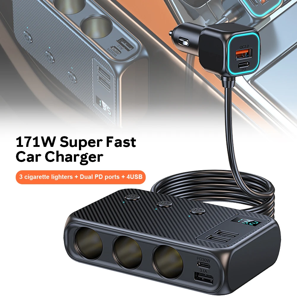 171W Cigarette Lighter 9 in 1 Car Charger Adapter Car Cigarette Lighter Socket With Switch PD30W Fast Charger Car Accessories
171W Cigarette Lighter 9 in 1 Car Charger Adapter Car Cigarette Lighter Socket With Switch PD30W Fast Charger Car Accessories