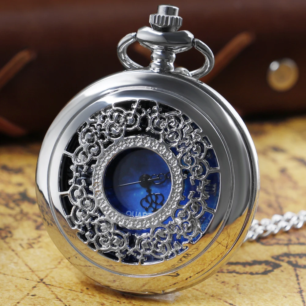 

Elegant Blue Pattern Hollow Quartz Steampunk Pocket Watch Roman Numerals Flowers Necklace FOB Chain Clock Hour