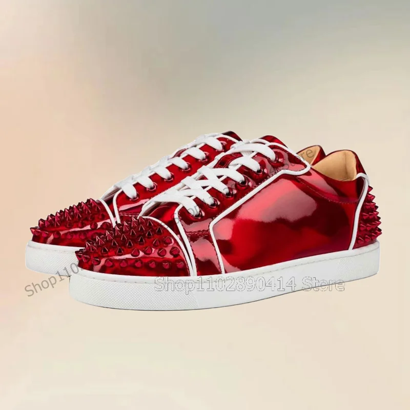 

Red Patent Leather Rivets Decor Cross Tied Men Sneakers Fashion Lace Up Men Shoes Luxury Handmade Party Banquet Men Casual Shoes