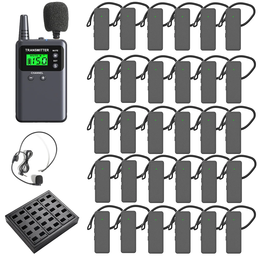 

Wireless Whisper Tour Guide System 1 Transmitter with 2 Microphones, 30 Ear Receivers, 1 Charger Simultaneous Interpretation