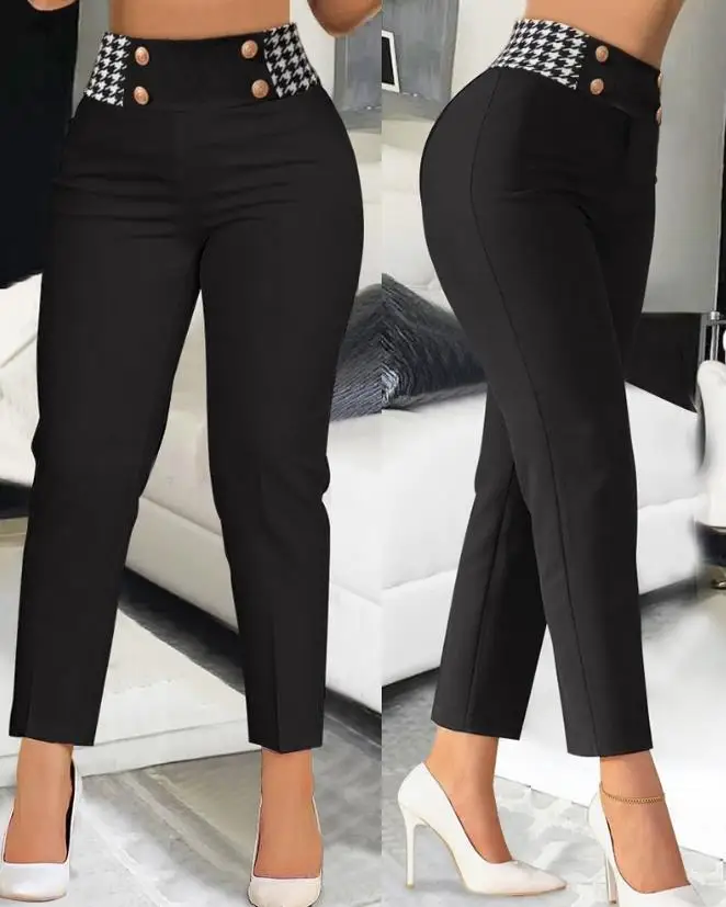 

Elegant Women's Cropped Pants Summer 2023 New Fashion Commuter Houndstooth Print High Waist Work Pants Daily Casual Skinny Pants