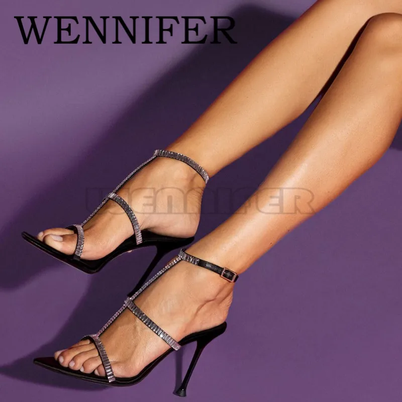 

Wraparound Glass Crystal Ankle Strap Sandals Open Toe 105mm Calf Leather Sandal Ladies Party Dress High Stiletto Heels Sandalias