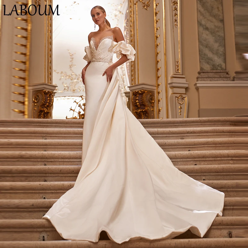 

Женское свадебное платье с юбкой-годе LaBoum, элегантное атласное платье с V-образным вырезом, бусинами и жемчугом, платье невесты со съемным шлейфом