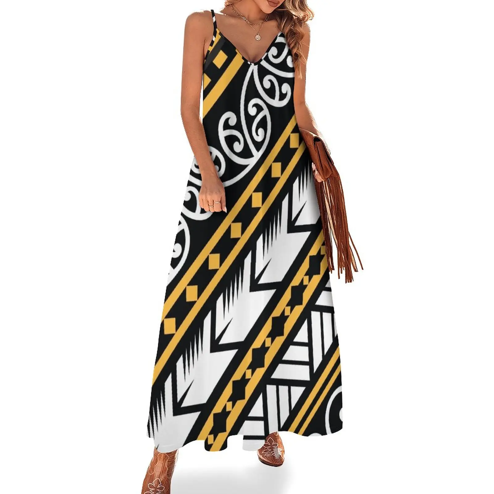 

Traditionally Yellow & Black Maori Design from New Zealand Sleeveless Dress Long dress woman Women's summer suit