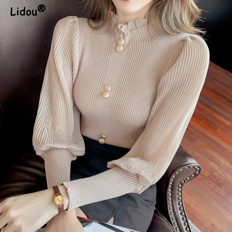 

Autumn Ruffled Button Knitted Splicing Chiffon Pullovers for Women Long Sleeve Elegant Fashionr Lantern Sleeve Bottoming Shirt