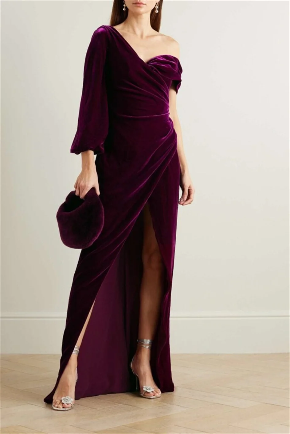 

Shiyiecy One shoulder Velvet Dress Autumn Winter Pleated Floor-length Cocktail Elegant Ladies Pencil Long Sleeves Prom Skirt