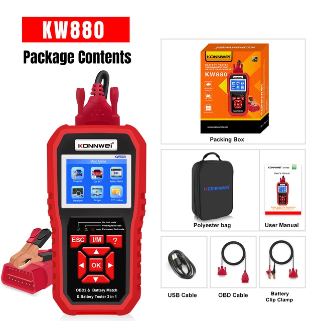 

KONNWEI KW880 Auto Battery Tester OBDII Diagnostic Fault Scanner For 6V-12V Auto Motorcycle Battery Test KW208/KW650/KW510